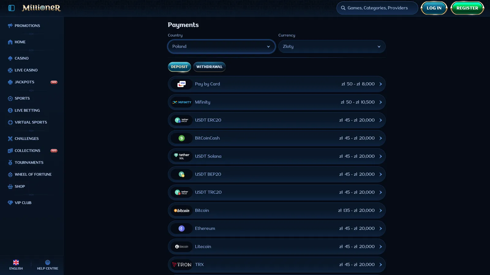 Kasa kasyna Millioner z metodami wpłat kartami, MiFinity oraz kryptowalutami