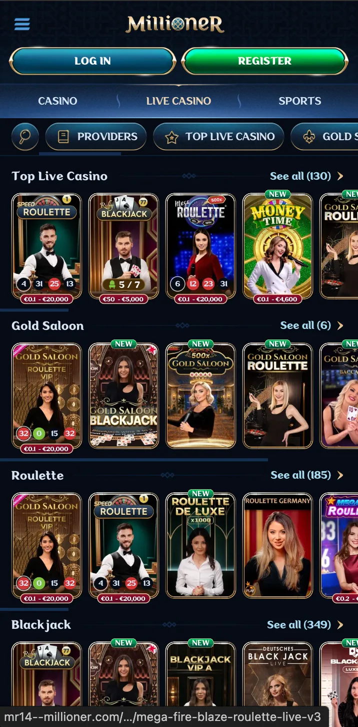 Mobilne lobby kasyna na żywo Millioner ze stołami ruletki i teleturniejami