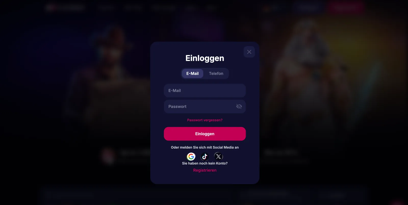 Formularz logowania i rejestracji konta użytkownika w serwisie internetowym NV Casino