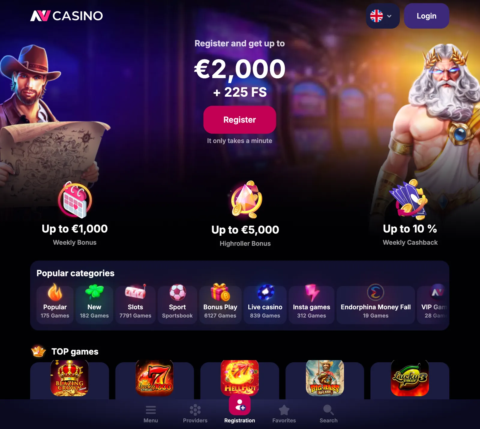 Strona główna NV Casino z banerem powitalnym oraz katalogiem popularnych gier hazardowych