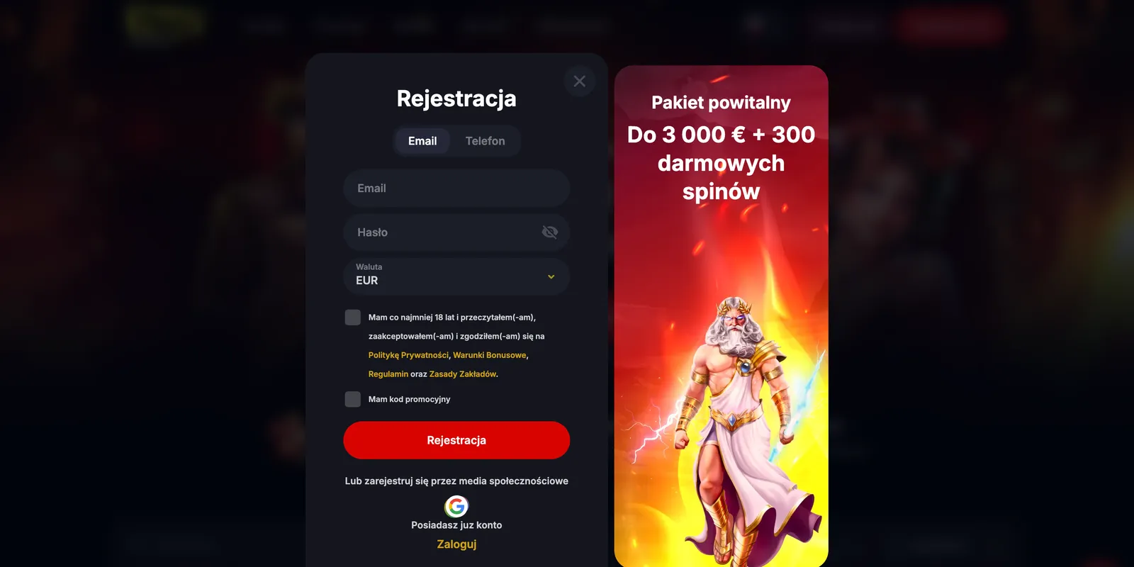 Formularz rejestracji konta gracza w Yep! Casino z wyborem waluty i logowaniem Google
