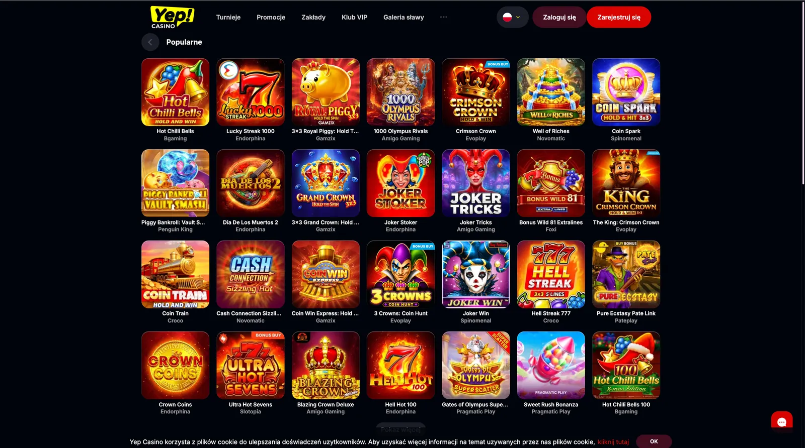 Katalog popularnych automatów do gier i slotów w lobby Yep! Casino