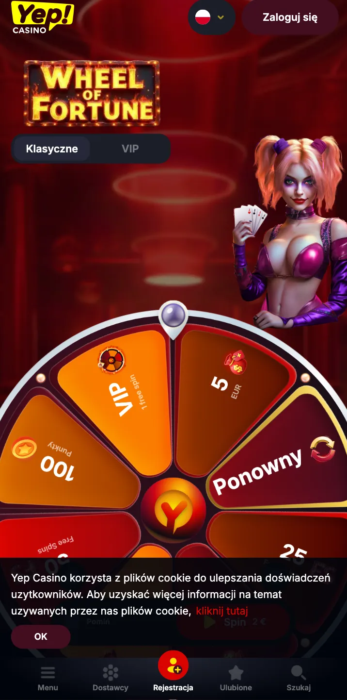 Mobilna wersja serwisu Yep! Casino z widokiem promocyjnego Koła Fortuny na smartfonie