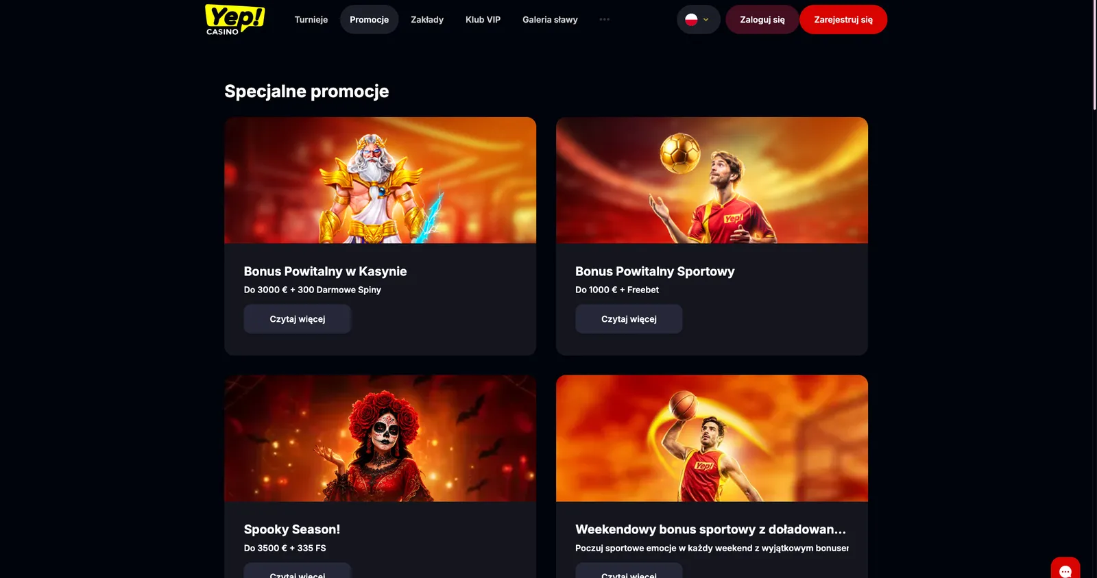 Strona promocji Yep! Casino z ofertami powitalnymi dla graczy kasyna oraz zakładów sportowych