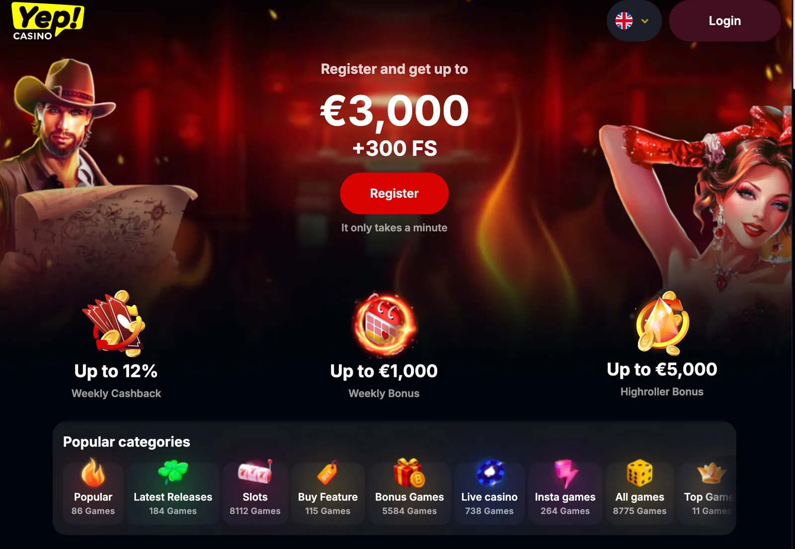 Strona główna Yep! Casino z banerem powitalnym oraz kategoriami gier w lobby